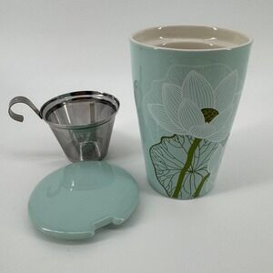 Tea Forte Kati Steeping Cup Infuser Set 12oz Green Lotus Ceramic Double Wall Mug